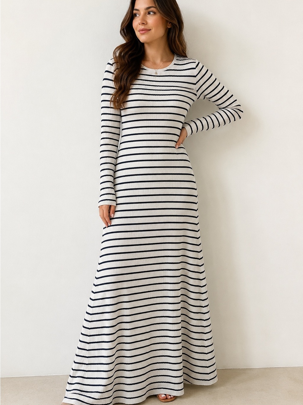 Blu Pepper Navy & White Striped Long Sleeve Maxi Dress